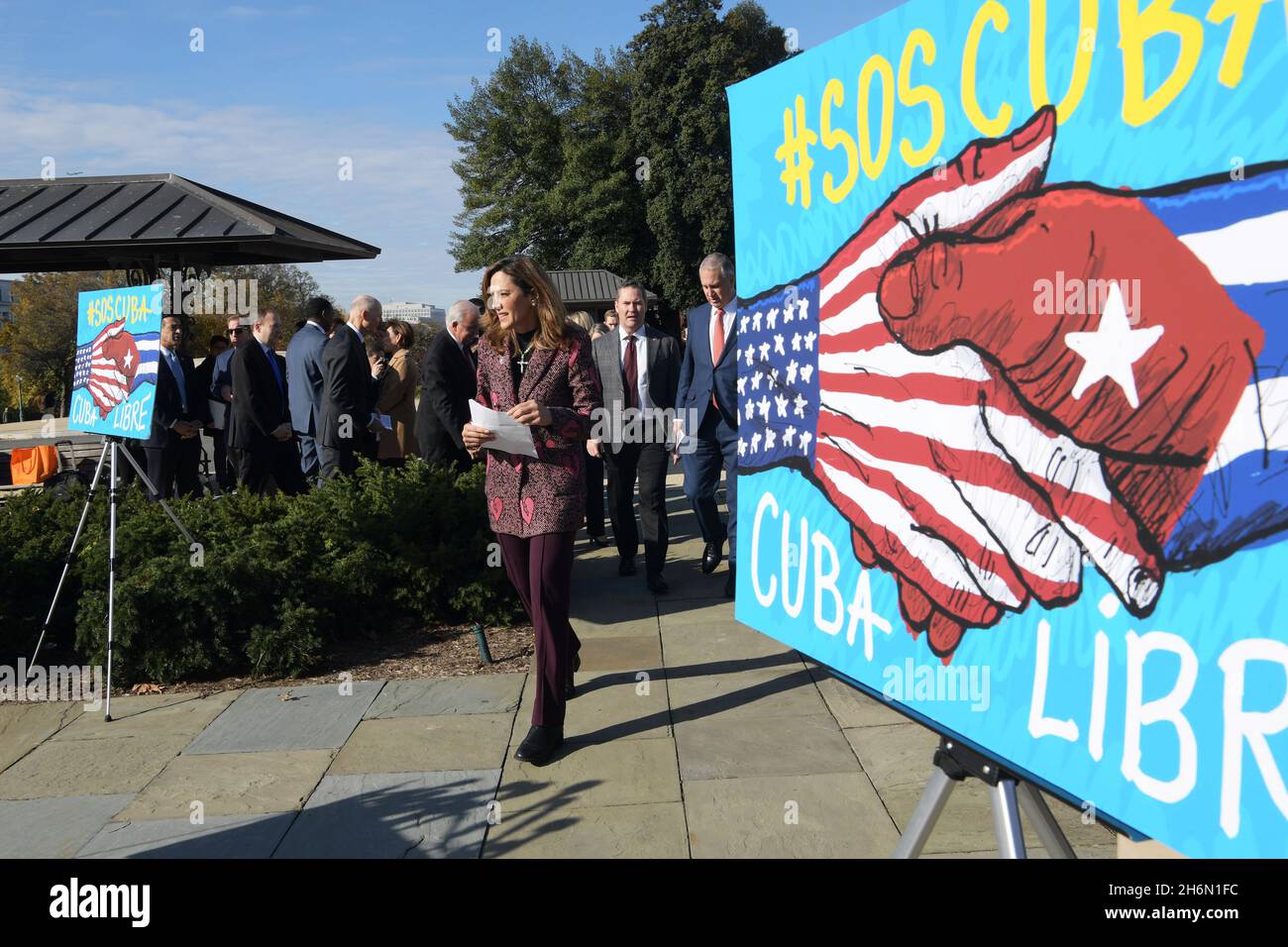 Washington, United States. 16th Nov, 2021. Representative Maria Elvira Salazar(R-FL) alongside House Republican members hold a press conference about November 15 Cuba protests at House Triangle/Capitol Hill in Washington DC, USA. Credit: SOPA Images Limited/Alamy Live News Stock Photo