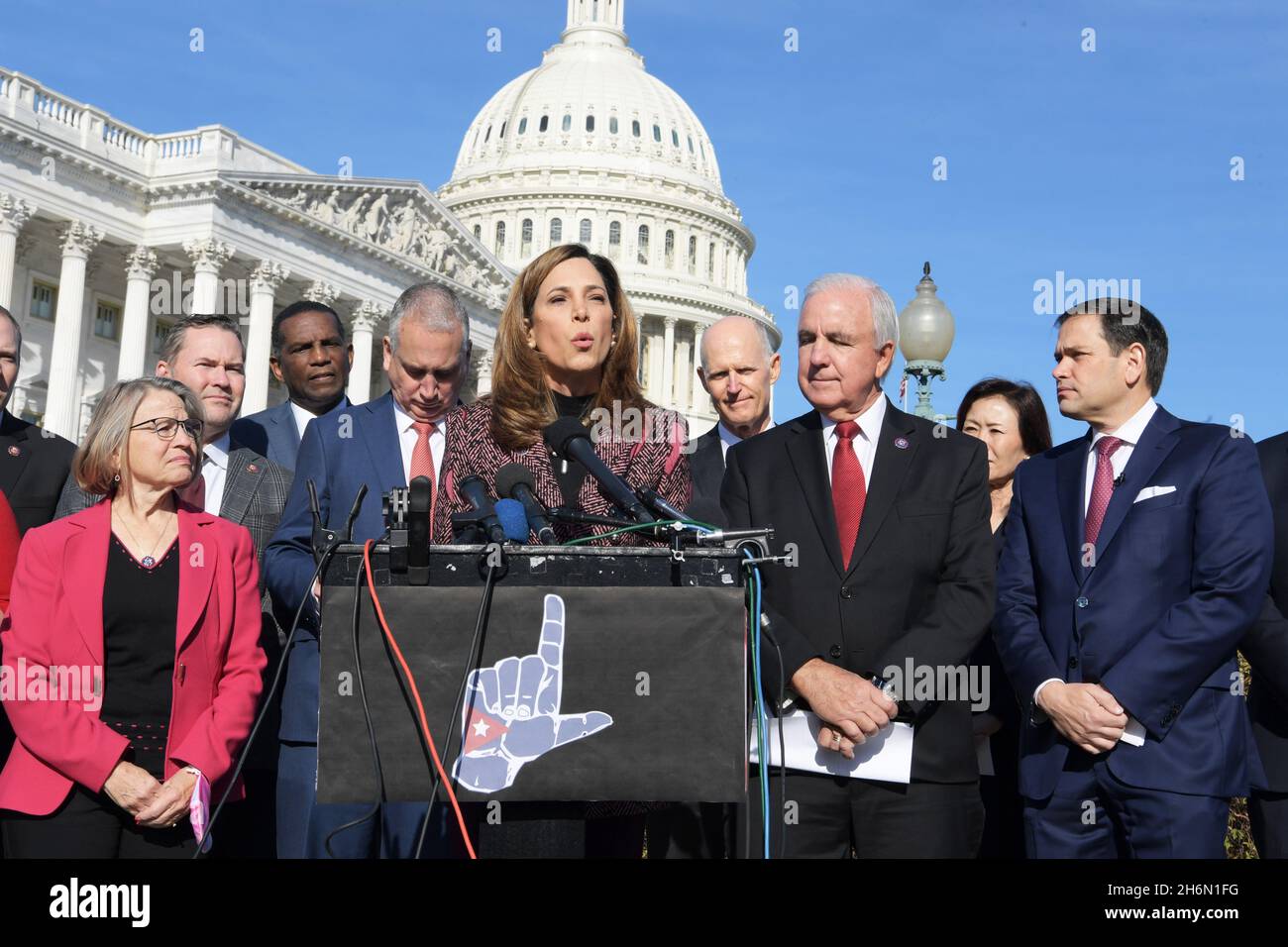 Washington, United States. 16th Nov, 2021. Representative Maria Elvira Salazar(R-FL) alongside House Republican members hold a press conference about November 15 Cuba protests at House Triangle/Capitol Hill in Washington DC, USA. Credit: SOPA Images Limited/Alamy Live News Stock Photo