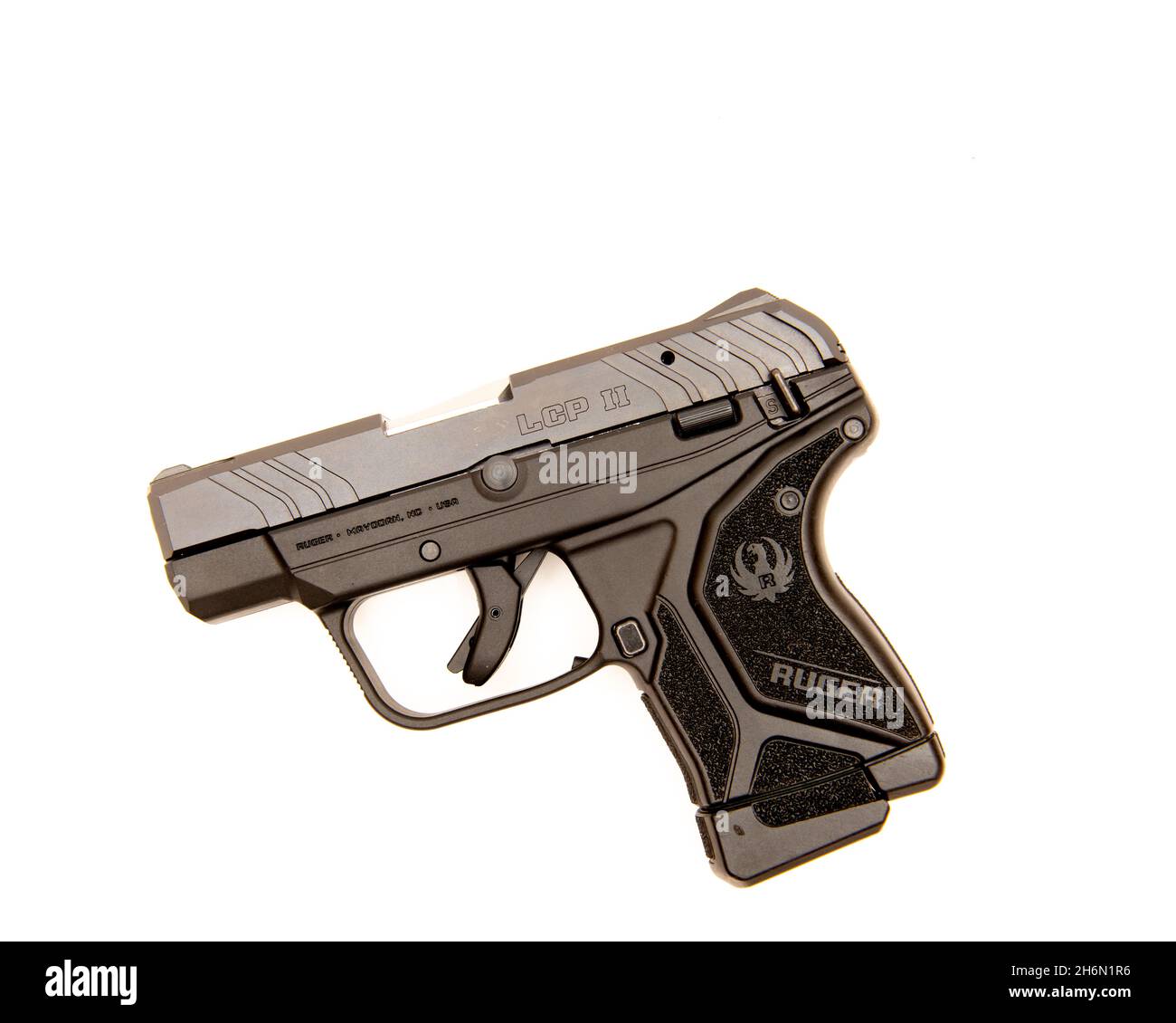 A Ruger LCP II semi-automatic 10 shot pistol in .22 LR caliber isolated on white. Stock Photo