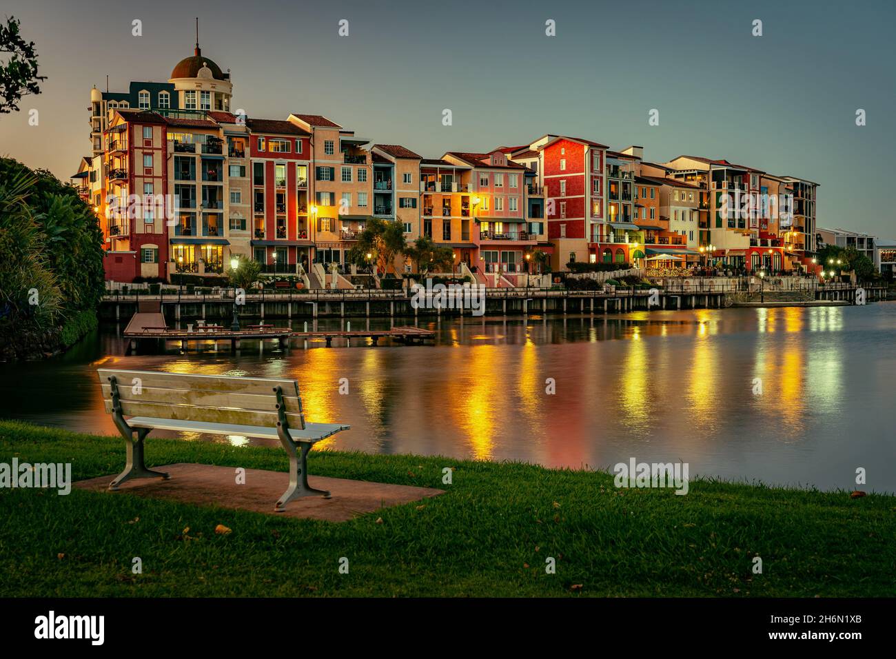 Emerald Lakes estate architecture at sunset, Gold Coast, Queensland