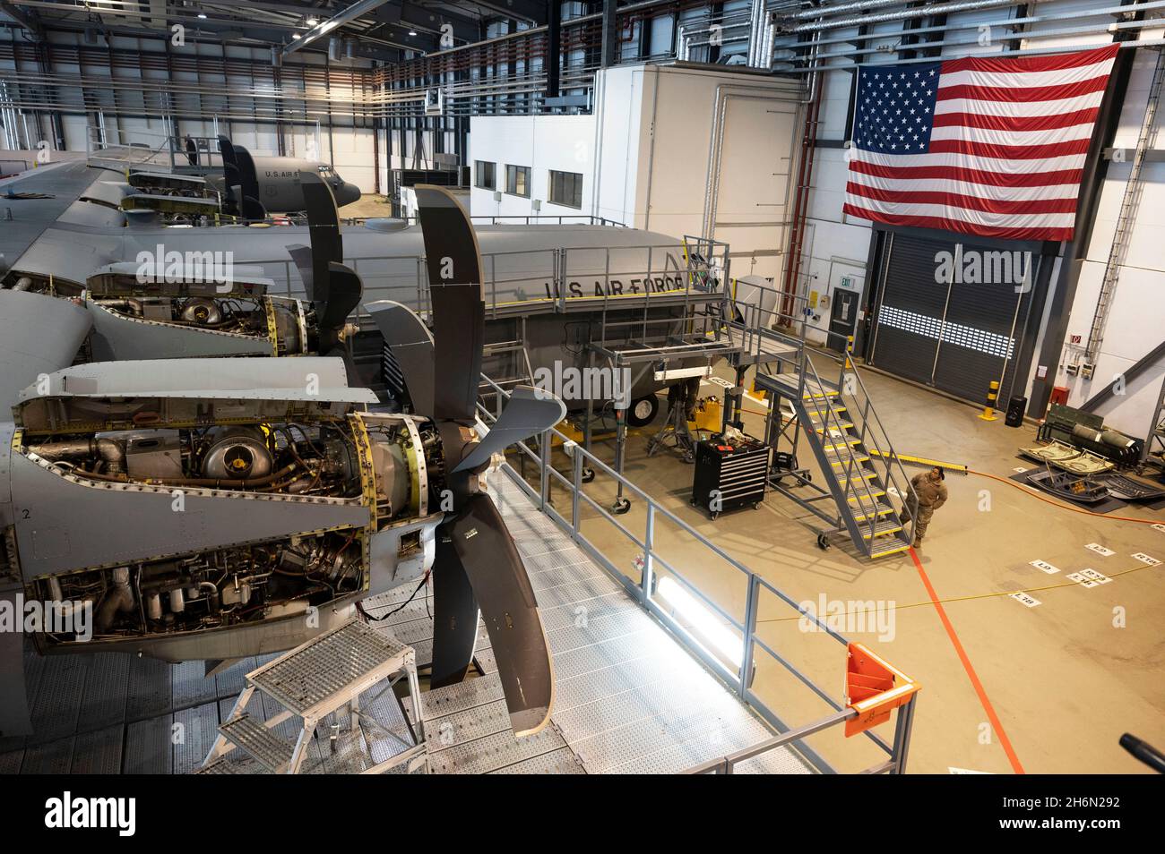 A C-130J Super Hercules aircraft undergoes maintenance at Ramstein Air Base, Germany, Nov. 15, 2021. There are 14 C-130J Super Hercules aircraft assigned to the 86th Airlift Wing. The 86th Maintenance Group is responsible for ensuring they can be in the air at a moment’s notice. (U.S. Air Force photo by Senior Airman Thomas Karol) Stock Photo