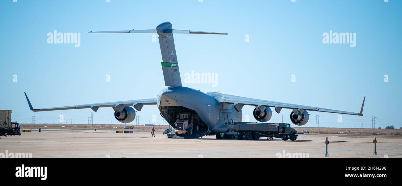 A C17 Globemaster III sits on the flightline at Cannon AFB preparing