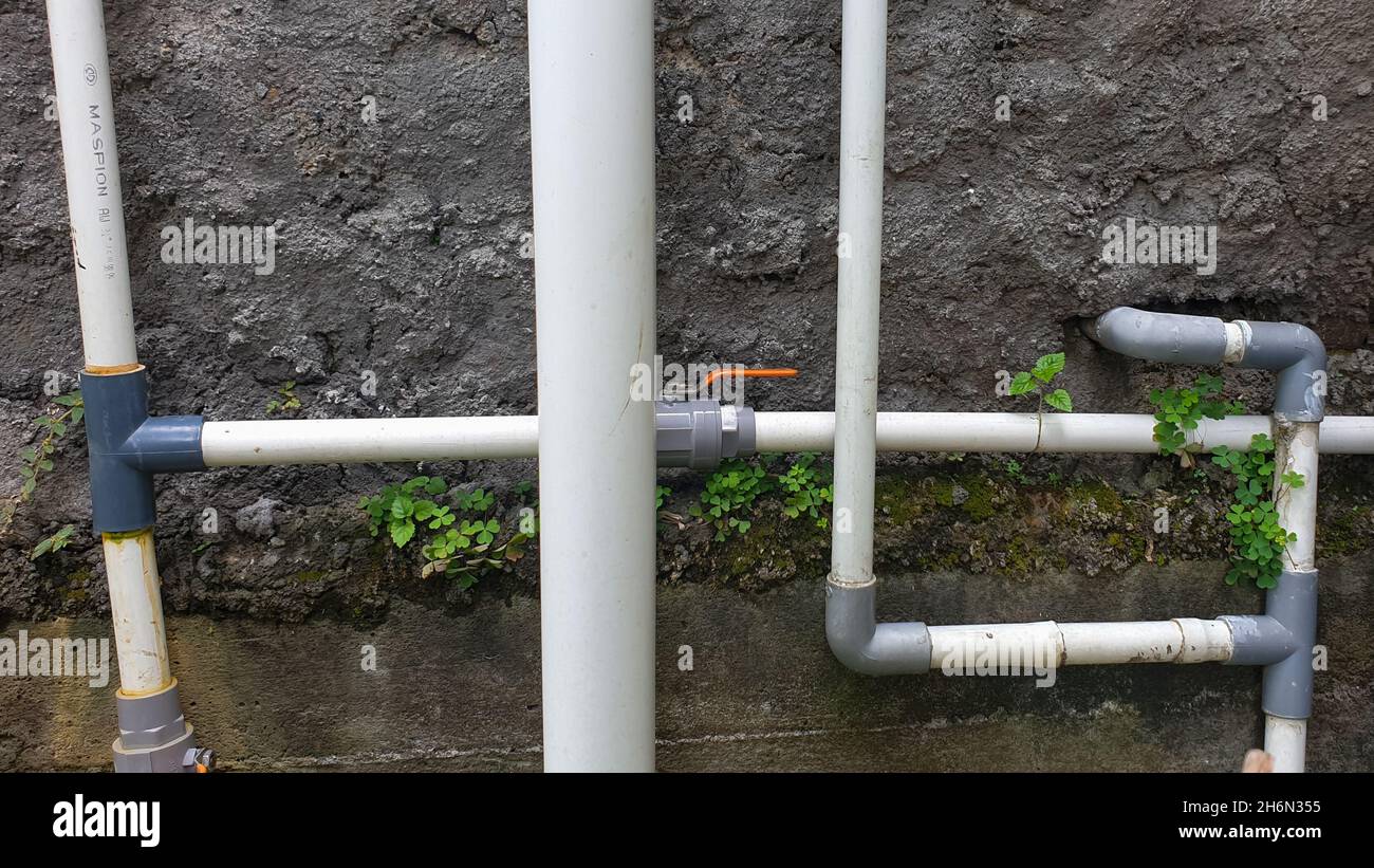 water pipe system on the house wall Stock Photo Alamy