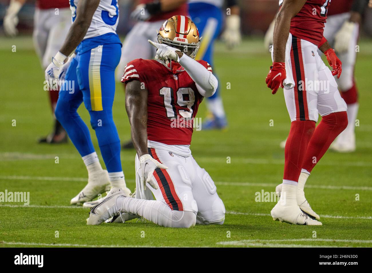 San Francisco 49ers wide receiver Deebo Samuel (19) celebrates after the  first down during the second quarter against the Los Angeles Rams in San  Fran Stock Photo - Alamy
