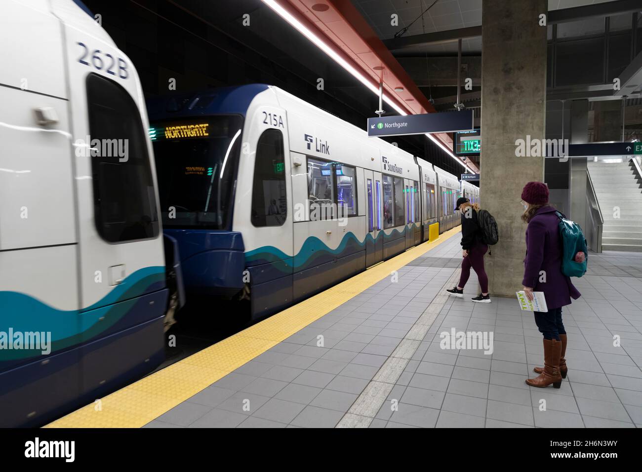 A train arrives at the new Link Light Rail Roosevelt Station in Seattle