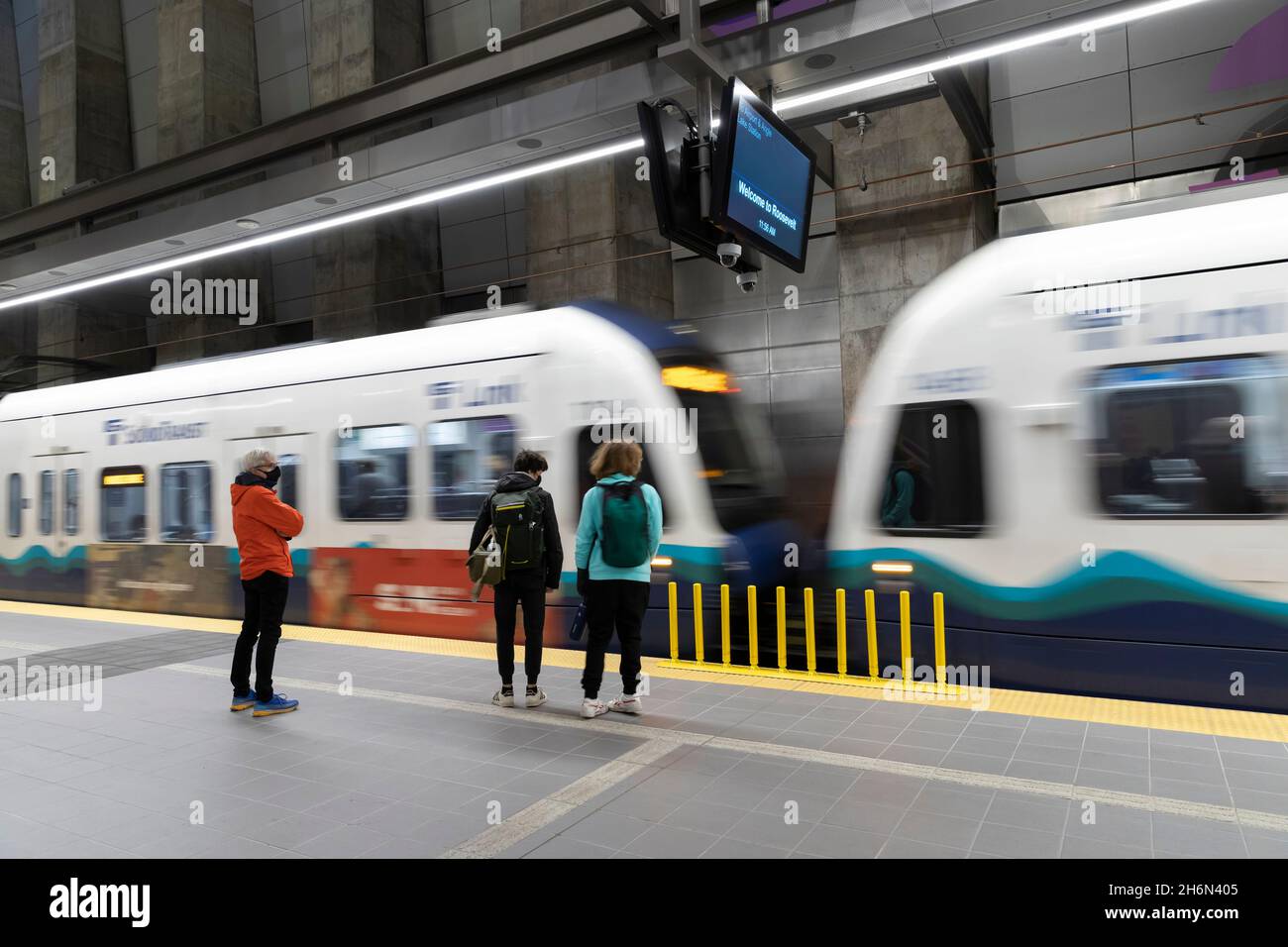 A train arrives at the new Link Light Rail Roosevelt Station in Seattle