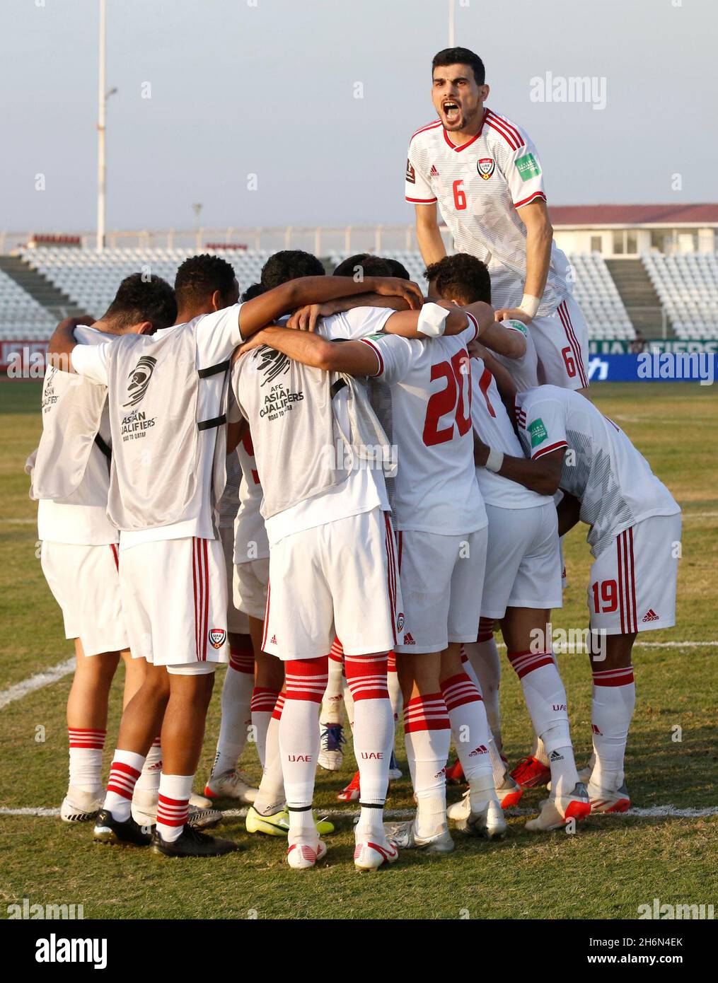 BEIRUT, Nov. 17, 2021 (Xinhua) -- Players of the United Arab Emirates celebrate during the 2022 Qatar World Cup Asian Qualifiers football match between Lebanon and the United Arab Emirates at the Saida Stadium in the city of Sidon, southern Lebanon, on Nov. 16, 2021. Stock Photo