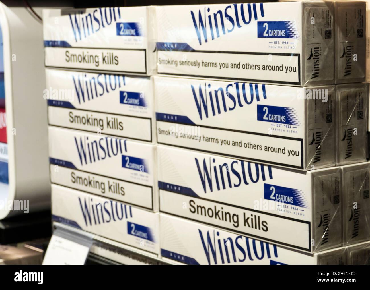Pack of Winston cigarettes seen displayed on the shelf of Duty Free store in Boryspil International Airport Stock Photo