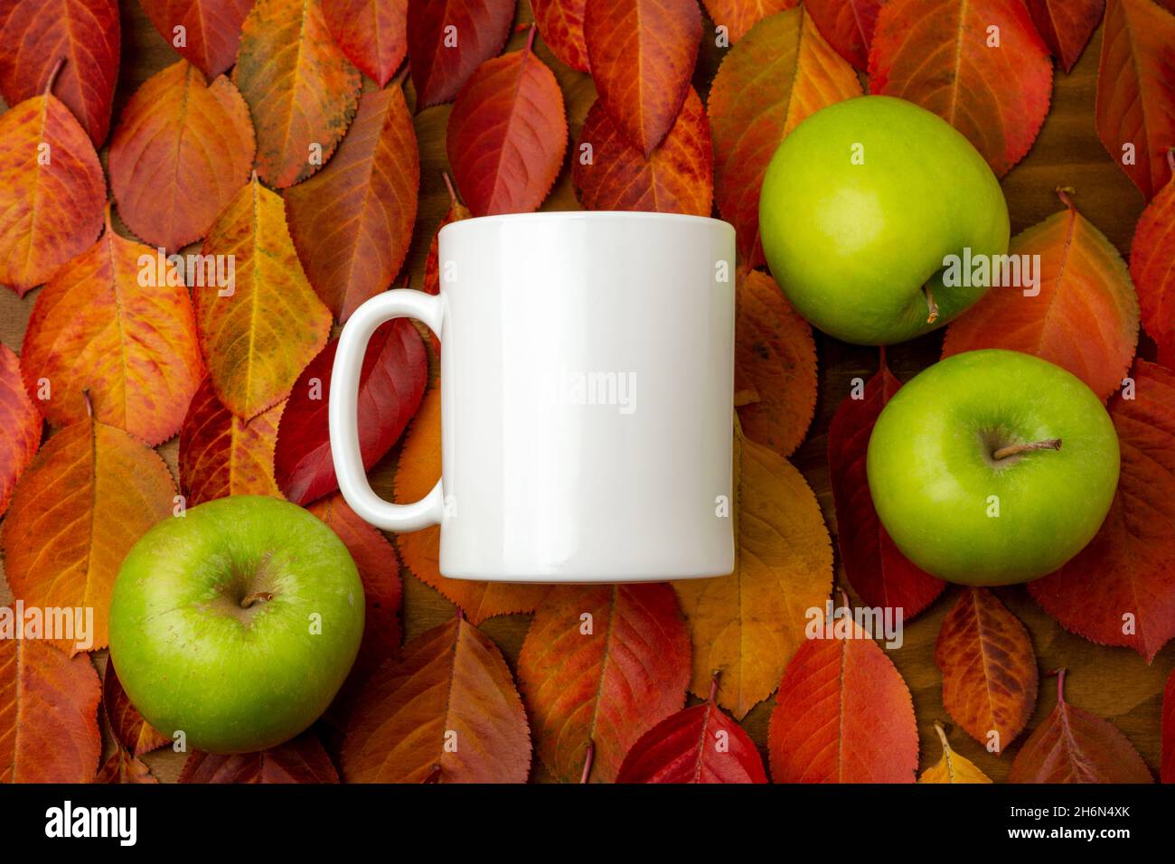 White coffee mug on the red yellow fall leaves background mockup with green apples. Empty mug mock up for design promotion, styled template Stock Photo