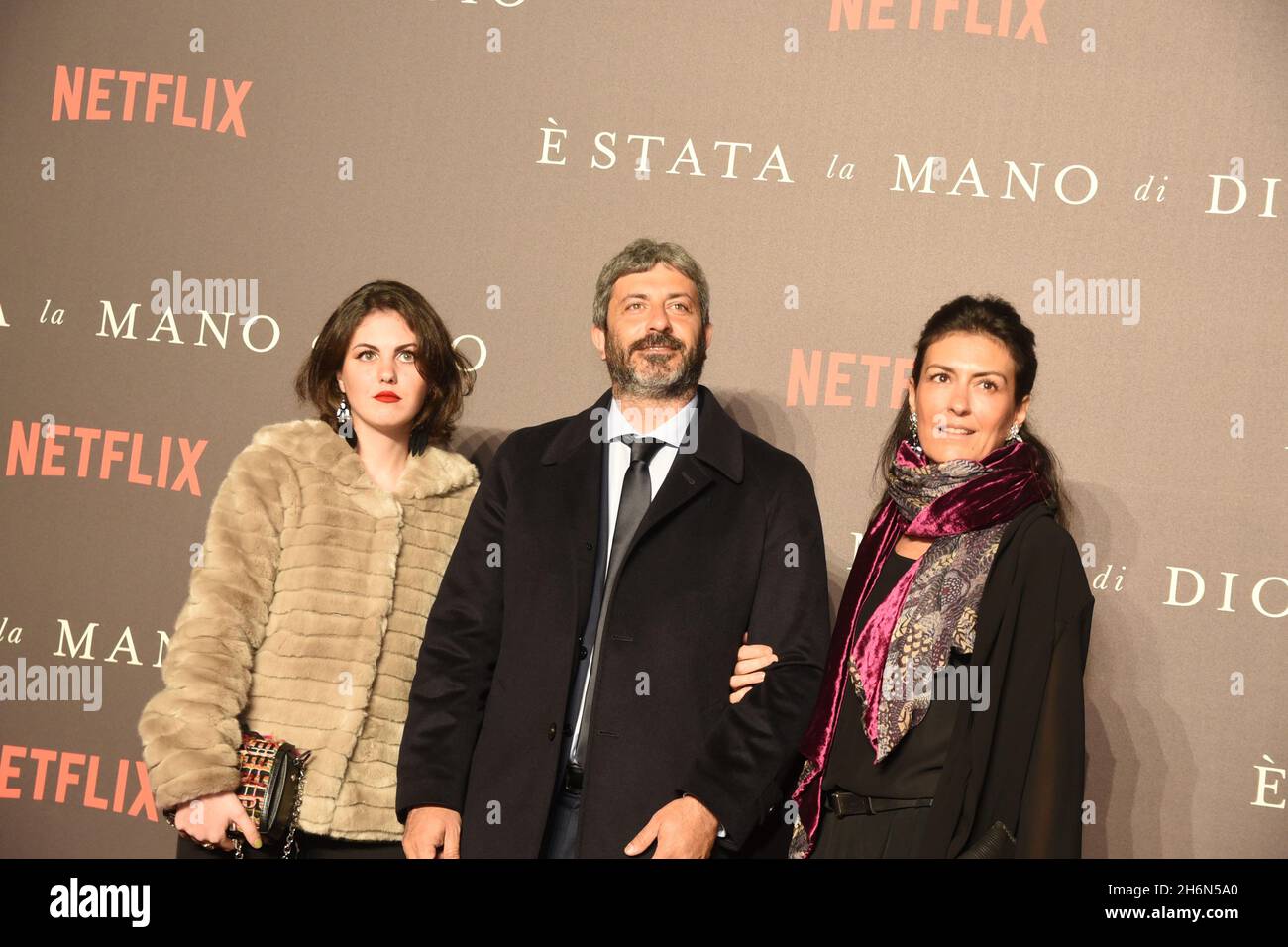 November 16, 2021, Naples, Campania, Italy: President of Italian Parlament Roberto Fico (C), his mate Yvonne De Rosa, on (R) side, on red carpet during the presentation of his last film '' E' stata la mano di Dio''. The last work of director Paolo Sorrentino, presented at Metropolitan Cinema of Naples, was candidate for 2022 Oscar Prize as the best foreign film. (Credit Image: © Pasquale Gargano/Pacific Press via ZUMA Press Wire) Stock Photo