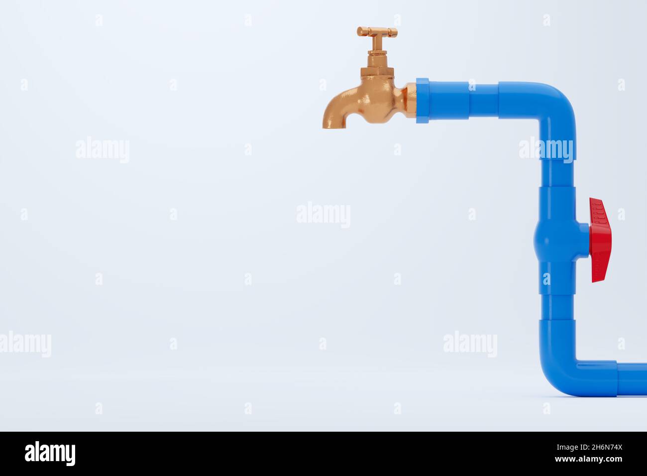 Brass faucet and blue PVC water pipe on white background. Closeup and copy space for text or article on the left. The concept of plumber maintenance w Stock Photo