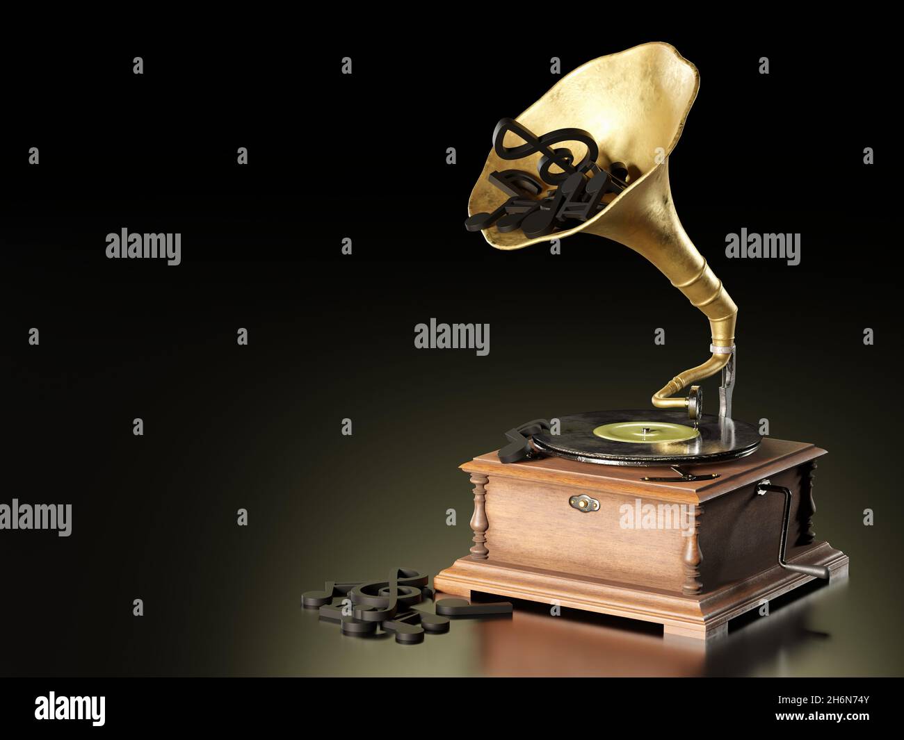 Old antique Gramophone or Phonograph and black music notes in dark black background. It's a popular mythical music player. It works by wind up. The co Stock Photo