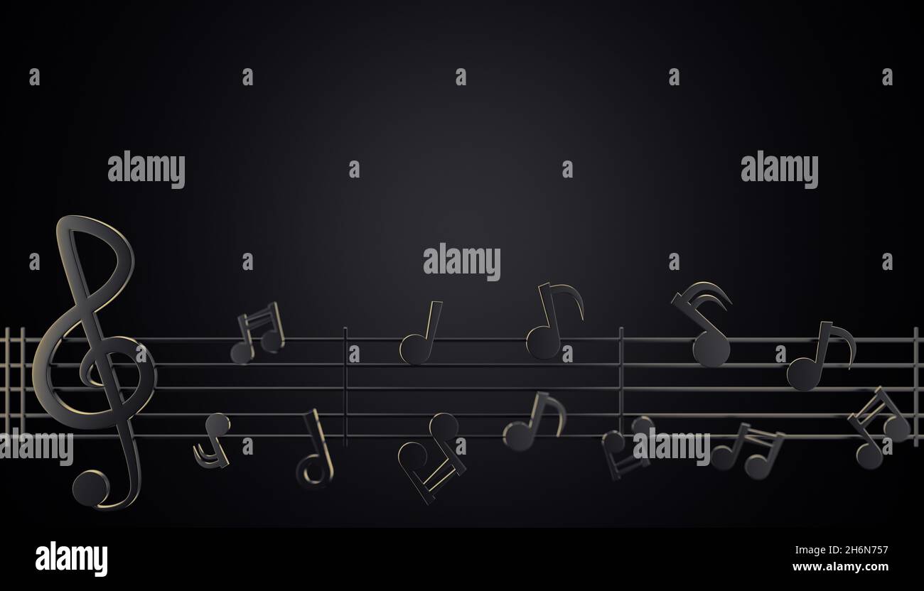 Black music notes flowing along the lines of the song melody in a dark background. Copy space for your text or title on top. The concept of music and Stock Photo