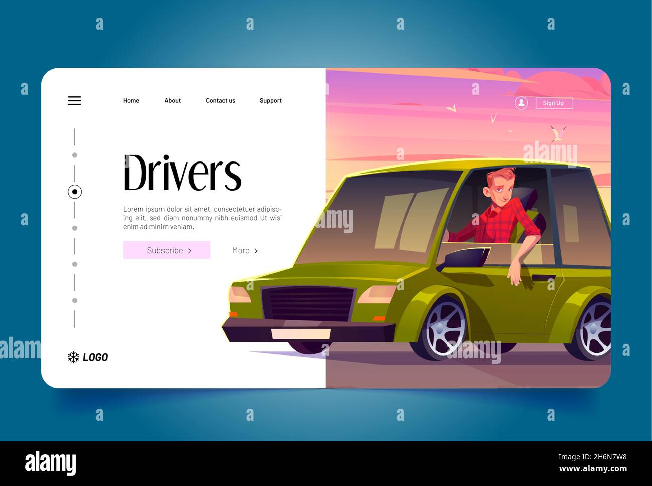 Drivers banner with man sitting in green car on background of sunset pink sky. Vector landing page of professional driving and chauffeur job with cartoon illustration of character in vehicle Stock Vector