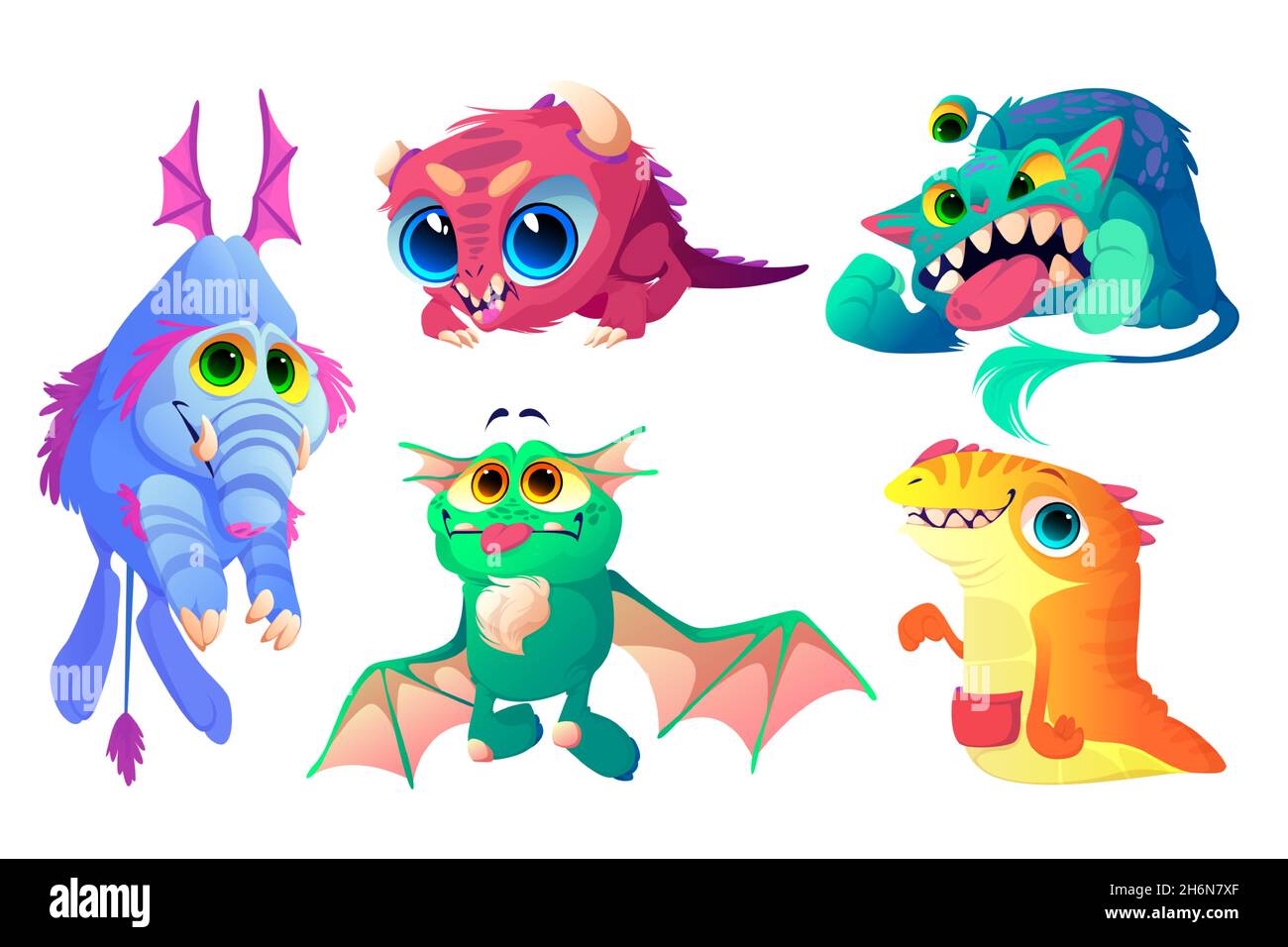 Monsters set, cute cartoon characters, funny aliens, strange animals or Halloween creatures with smiling toothed muzzles, dragon wings, trunk and big eyes. Whimsical spooky mascots Vector illustration Stock Vector