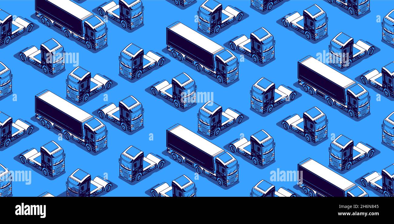 Seamless pattern with isometric trucks on blue background. Delivery trailers, cargo transportation vehicles with containers for freight logistics and shipment, Vector illustration in line art style Stock Vector
