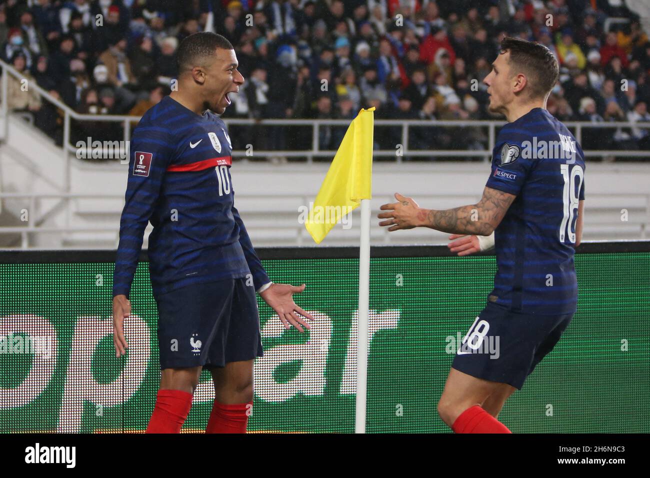 Helsinki, Finland., November 16, 2021, Kylian Mbappe celebrates after  scoring the 0-2 goal during the FIFA World Cup 2022, Qualifiers Group D  football match between Finland and France on November 16, 2021