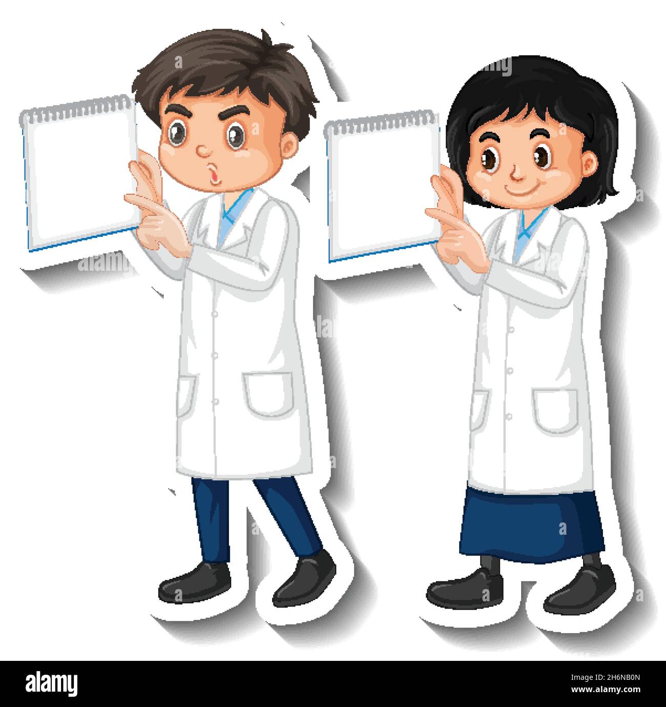 Scientist couple kids holding board empty cartoon character sticker ...