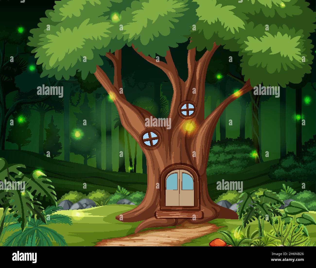 Enchanted forest background with tree house illustration Stock Vector ...