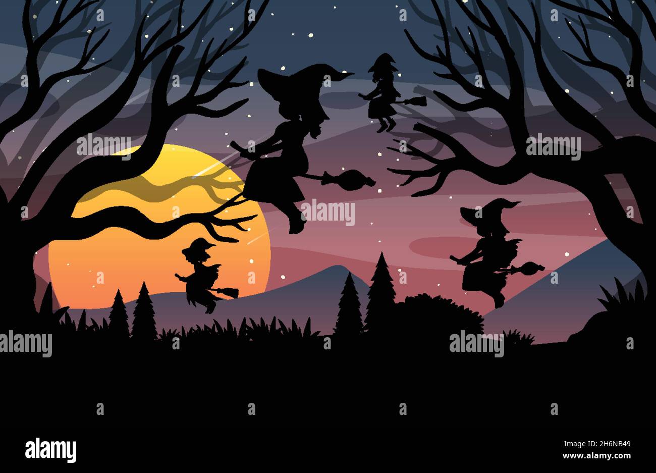 Halloween night background with witches silhouette illustration Stock Vector