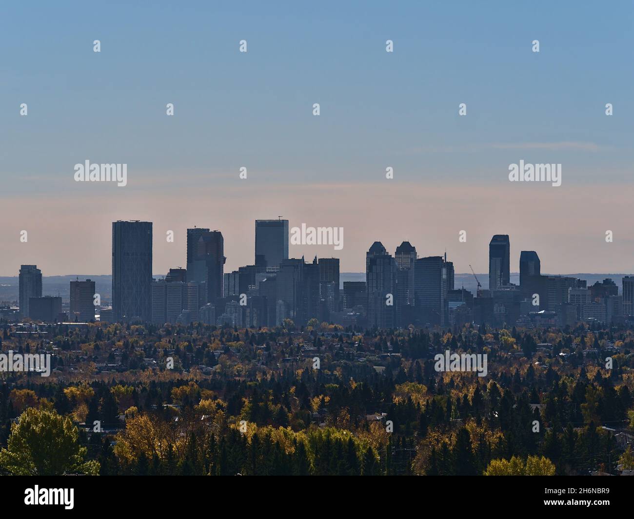 View of the skyline of Calgary, Alberta, Canada in autumn season with modern skyscrapers and colorful trees in front viewed from Nose Hill Park. Stock Photo