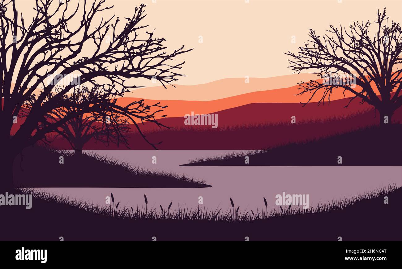 Pdusk Vector Mountain view with aesthetic dry tree silhouette from the lakeside at ...