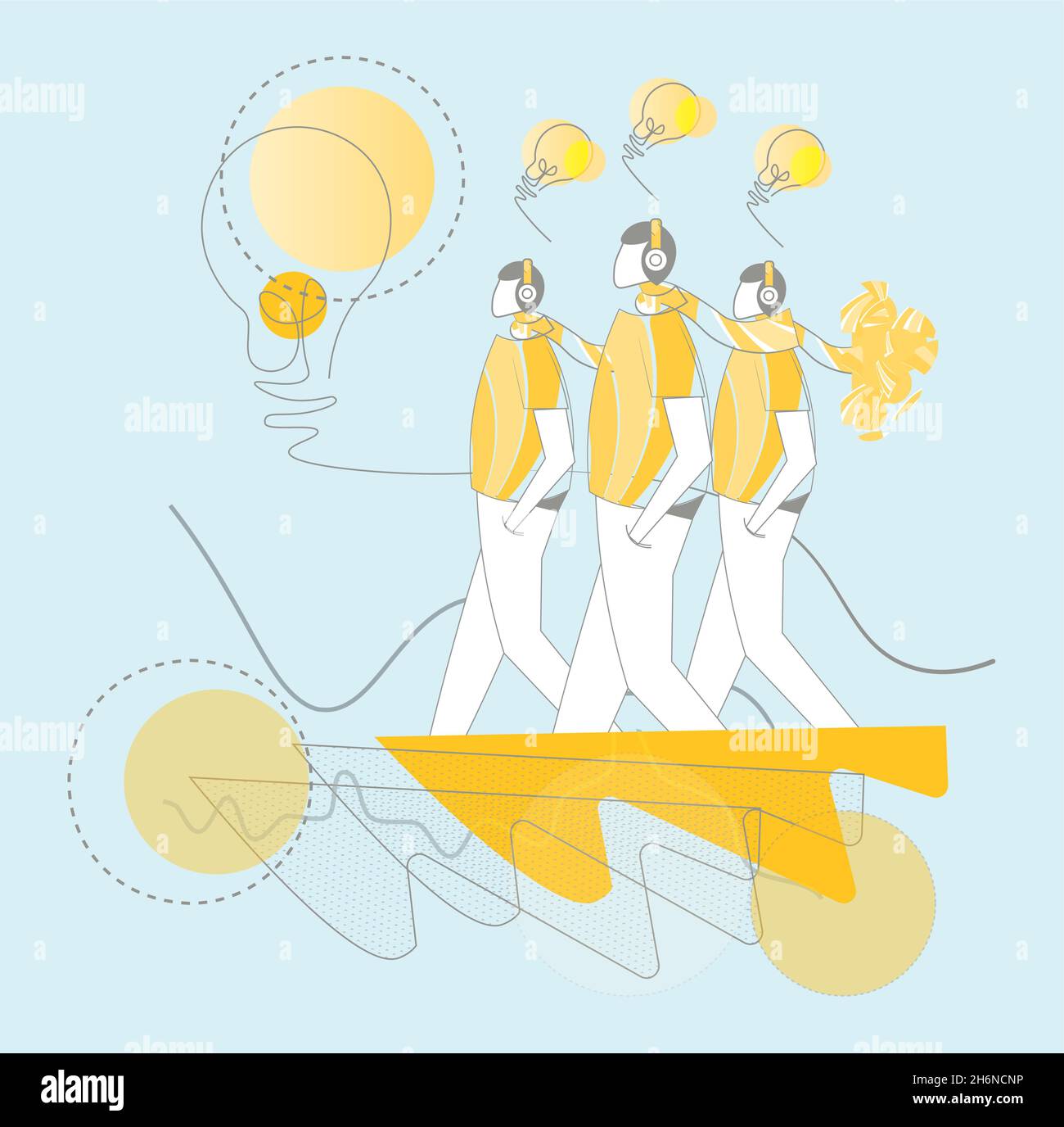 Bright Ideas lightbulb moment concept vector illustration, big idea thinking on a yellow background with clouds and cogs. Stock Vector