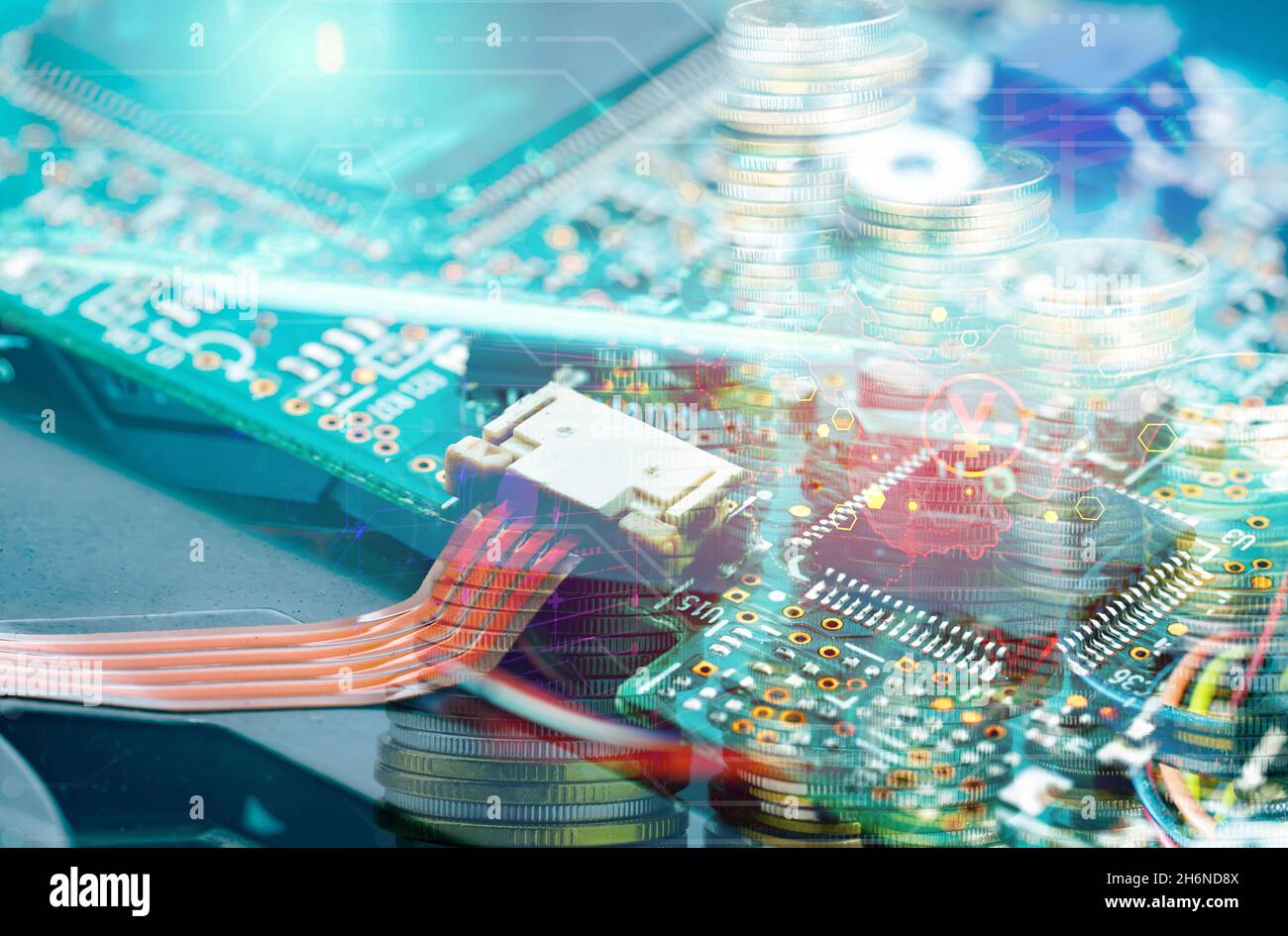 Electronic circuit board on background of Yuan currency sign, coin
