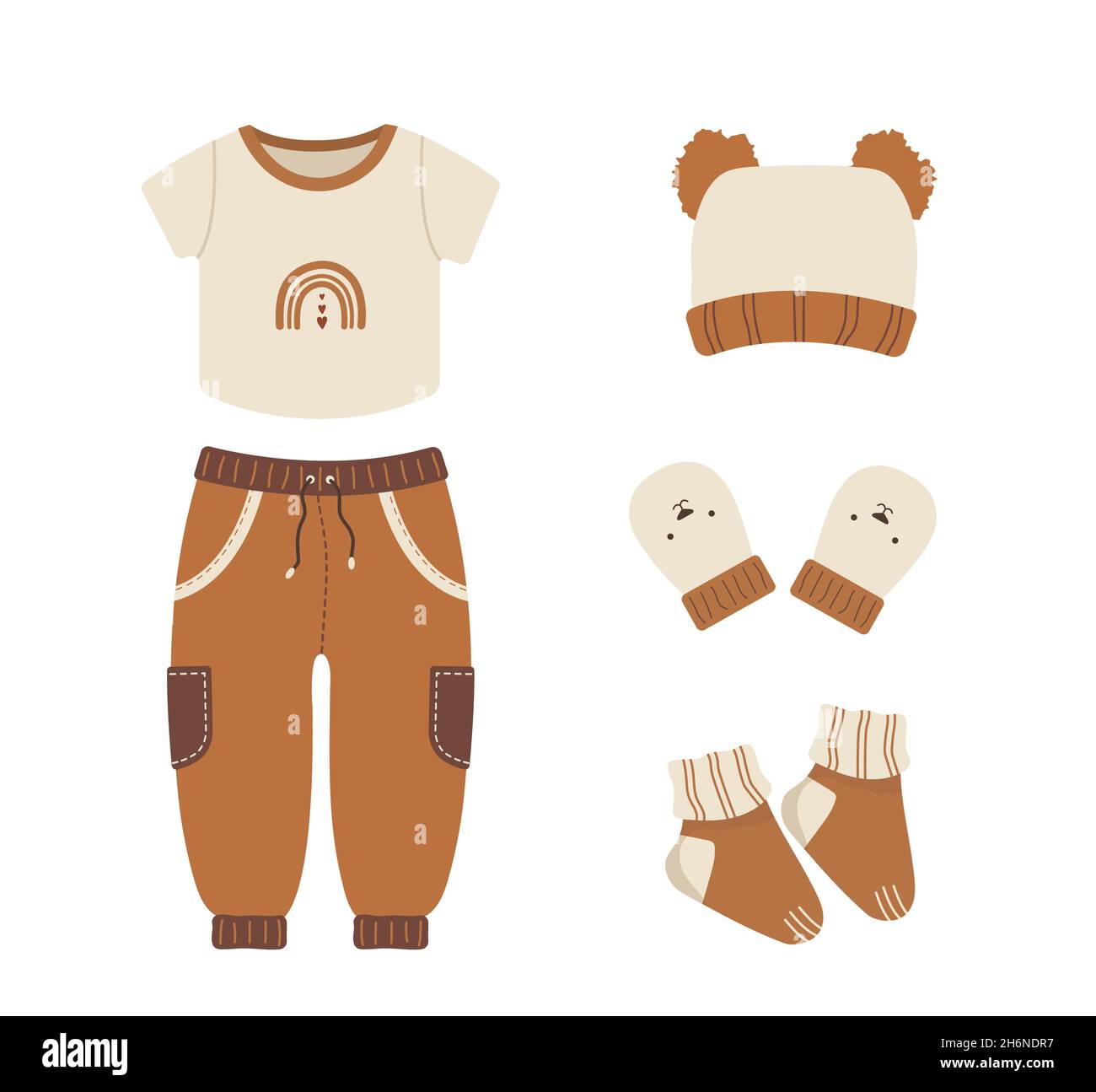 Baby boho clothes. Cute boy wardrobe. Kids scandinavian outfit. Vector