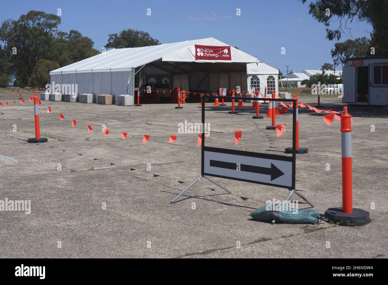 Australian Covid-19 testing centre set up in a marquee with free PCR tests available to the general public. Rathmines, New South Wales, Australia Stock Photo