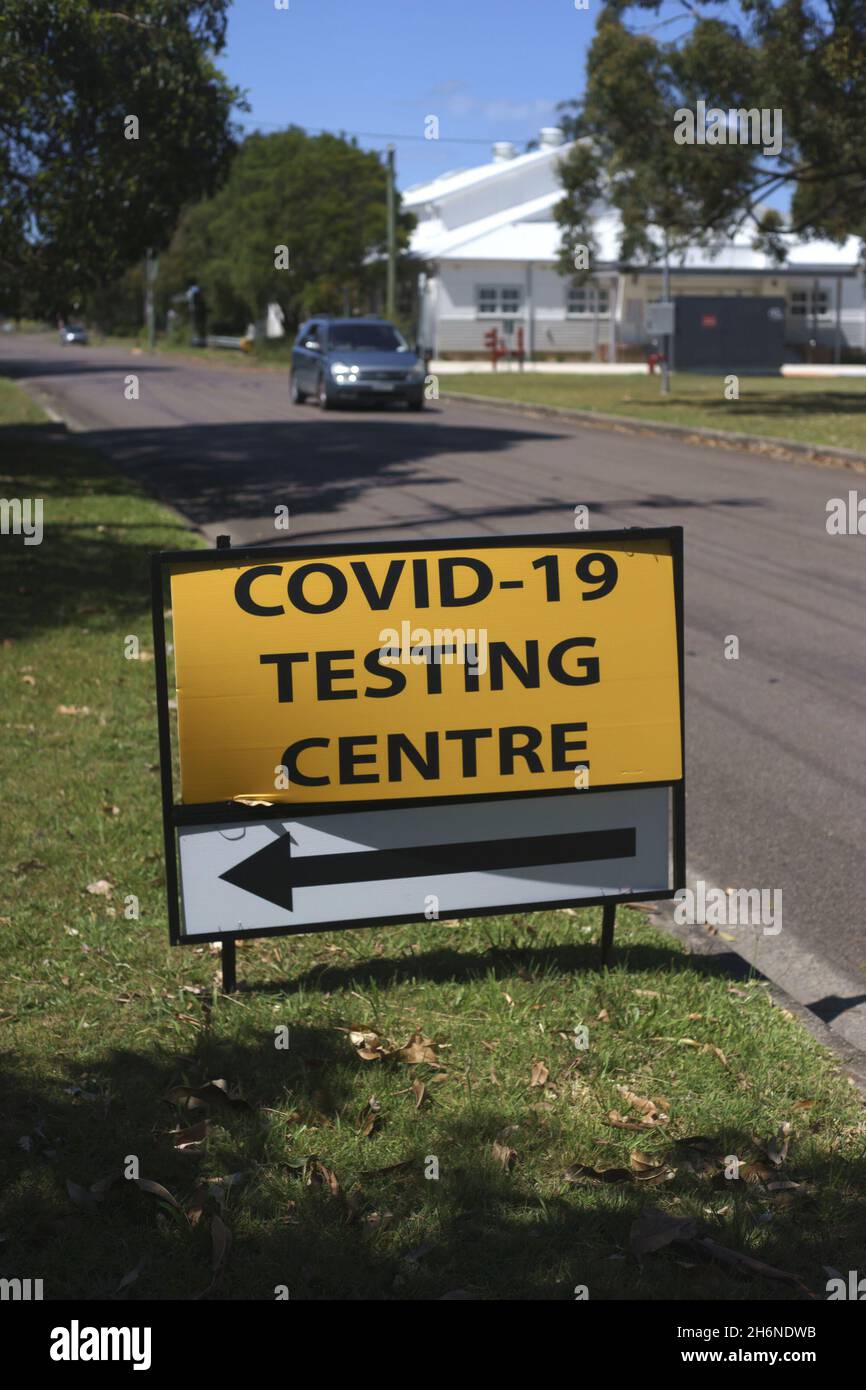 Australian Covid-19 signage indicating proximity of a Covid-19 testing centre for PCR testing, available for free to the general public. Stock Photo
