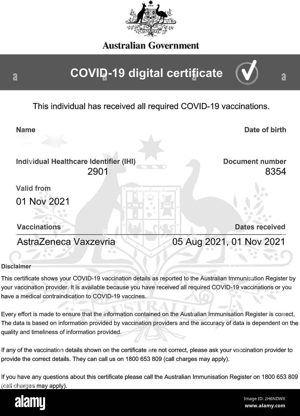 Australian Government Covid-19 digital certificate indicating two doses of AstraZeneca vaccine. Australia Stock Photo