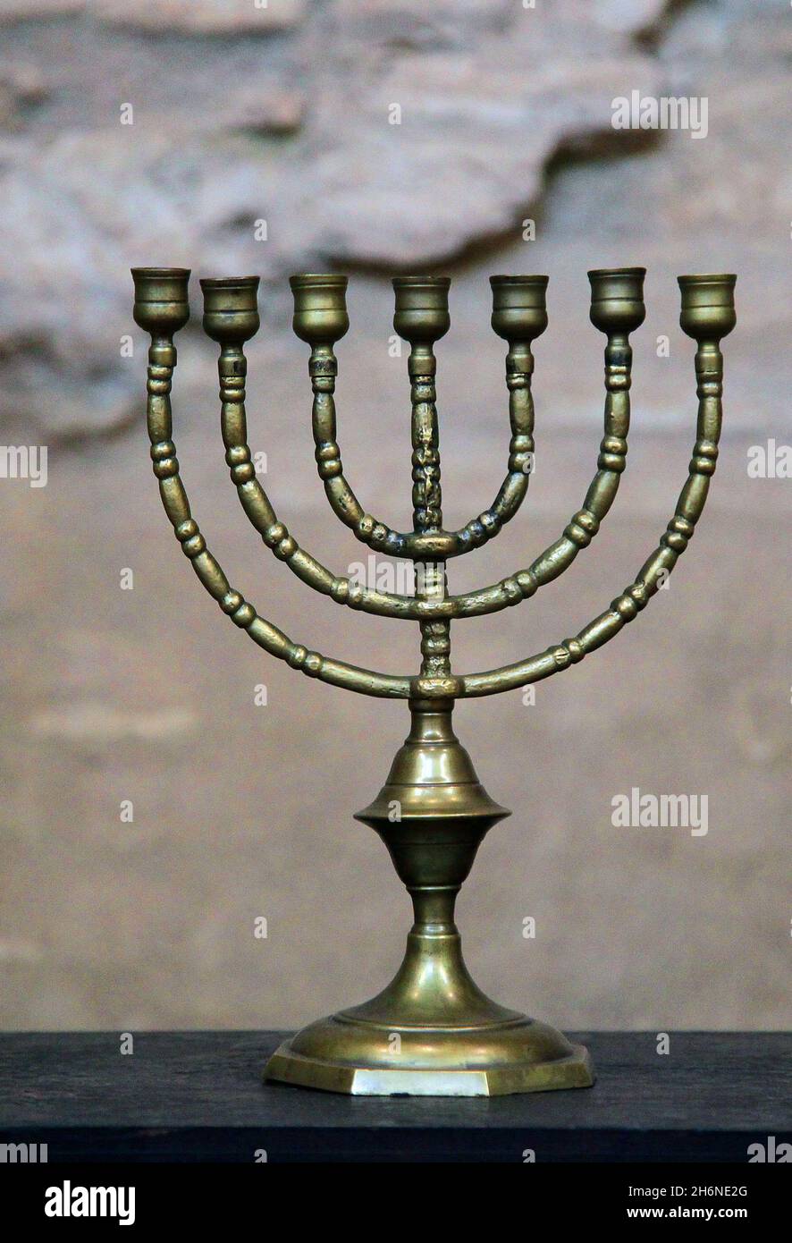 Seven-branched Jewish Menorah in the Synagogue (East Wall) of Cordoba Spain Stock Photo