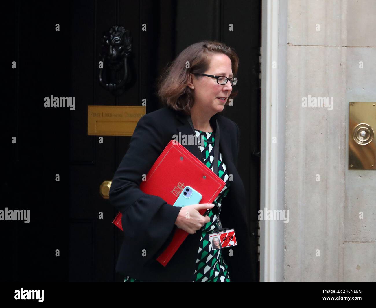 Leader of the House of Lords Baroness Evans of Bowes Park leaving Downing Street No 10 after a Cabinet Meeting, Westminster, London, UK Stock Photo