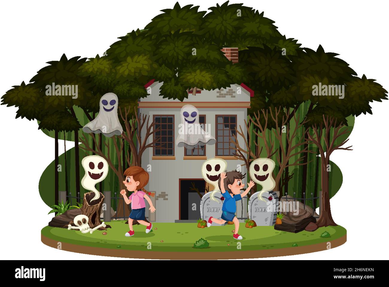children-at-the-haunted-house-illustration-stock-vector-image-art-alamy