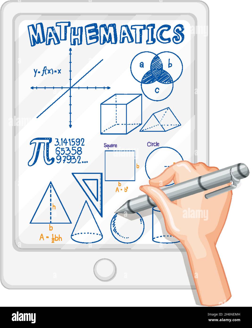 Hand writing math symbol on tablet illustration Stock Vector Image
