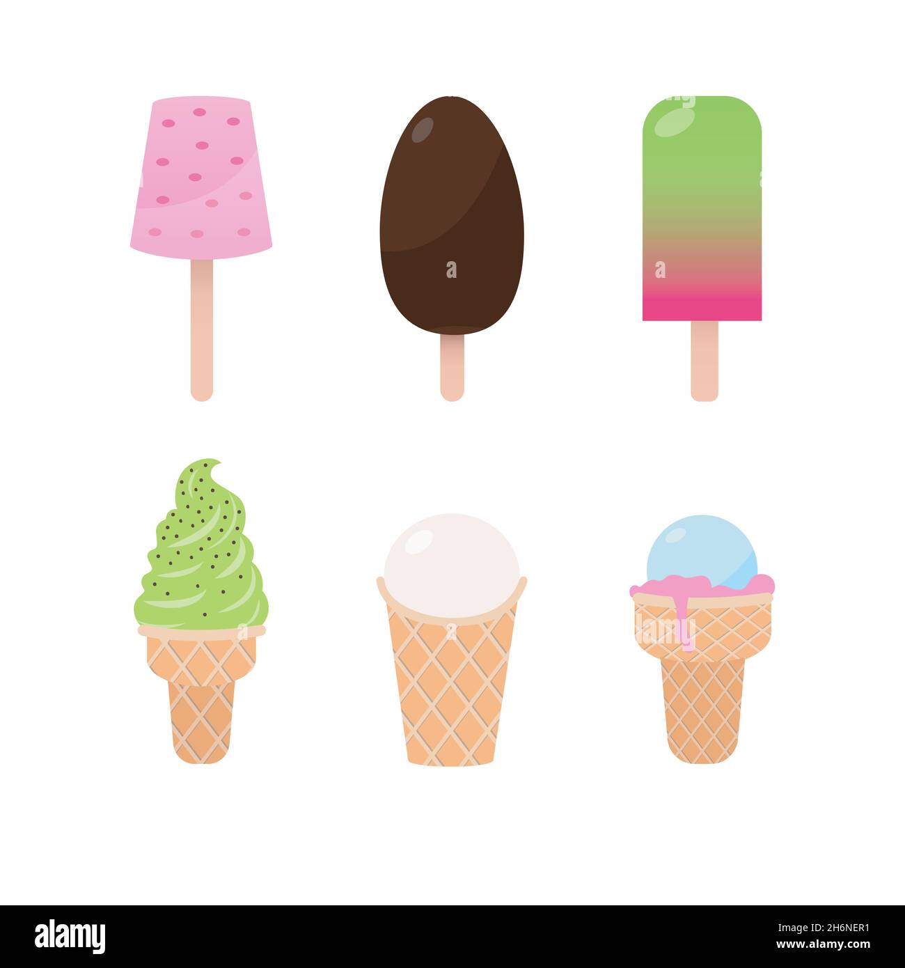 Different popsicles and waffle cones isolated on white background Stock Vector