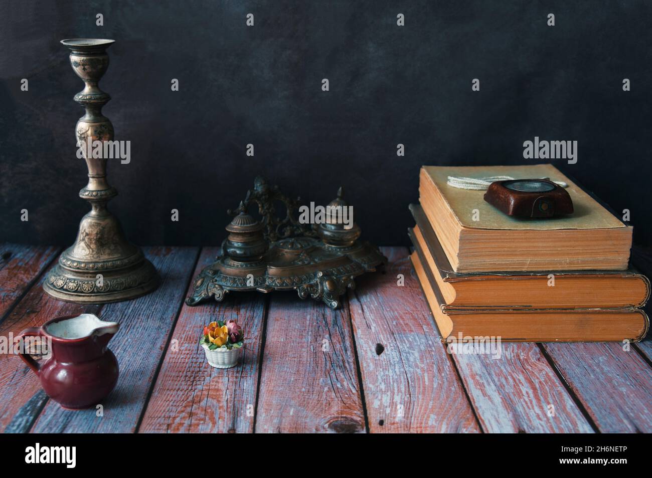 Still life vintage objects on wooden rustic background Stock Photo