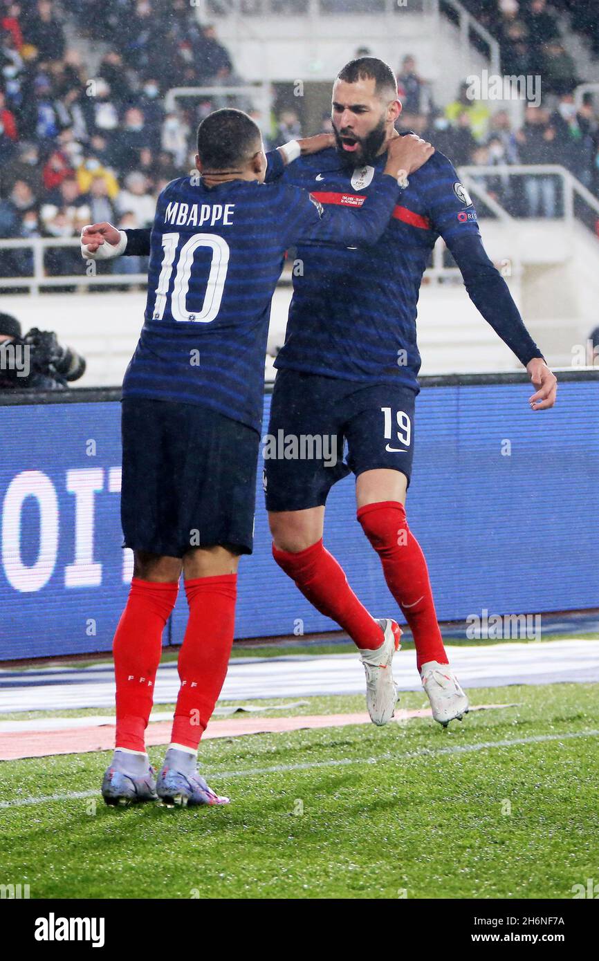 Karim Benzema of France celebrates after his goal 0-1 with Kylian Mbappe  during the FIFA World Cup 2022, Qualifiers Group D football match between  Finland and France on November 16, 2021 at