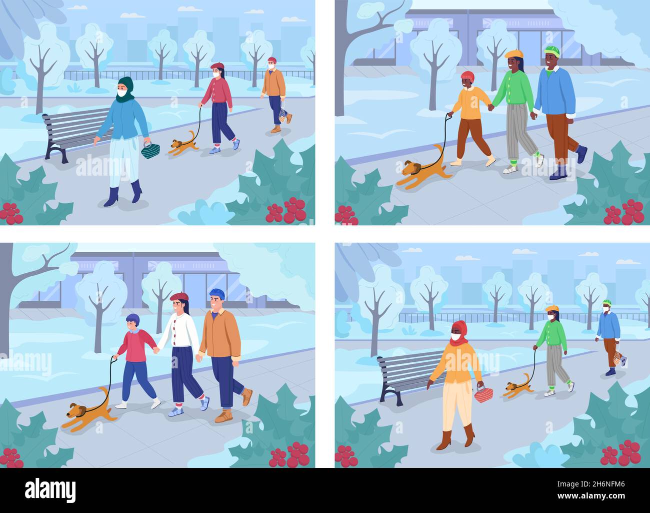 Walk in winter park flat color vector illustration set Stock Vector