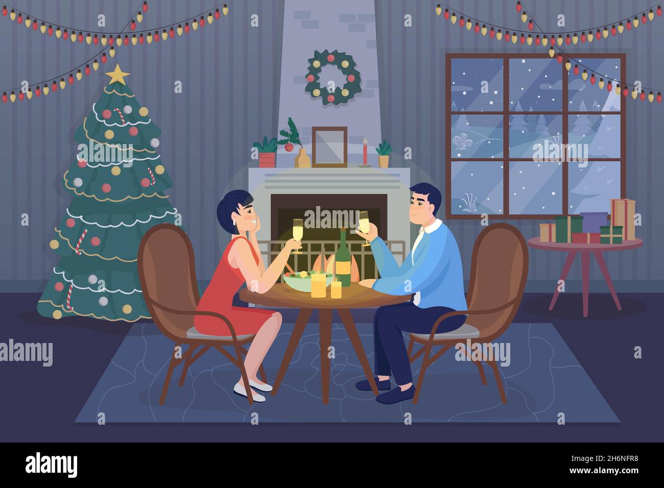 Christmas dinner for couple flat color vector illustration Stock Vector