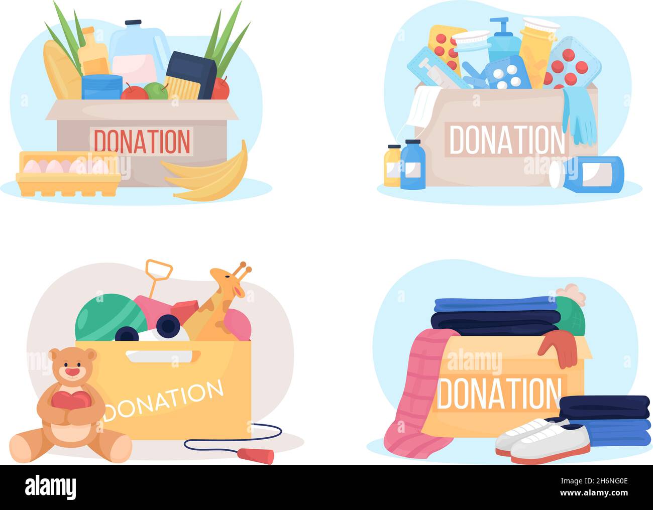 Donation box 2D vector isolated illustration set Stock Vector
