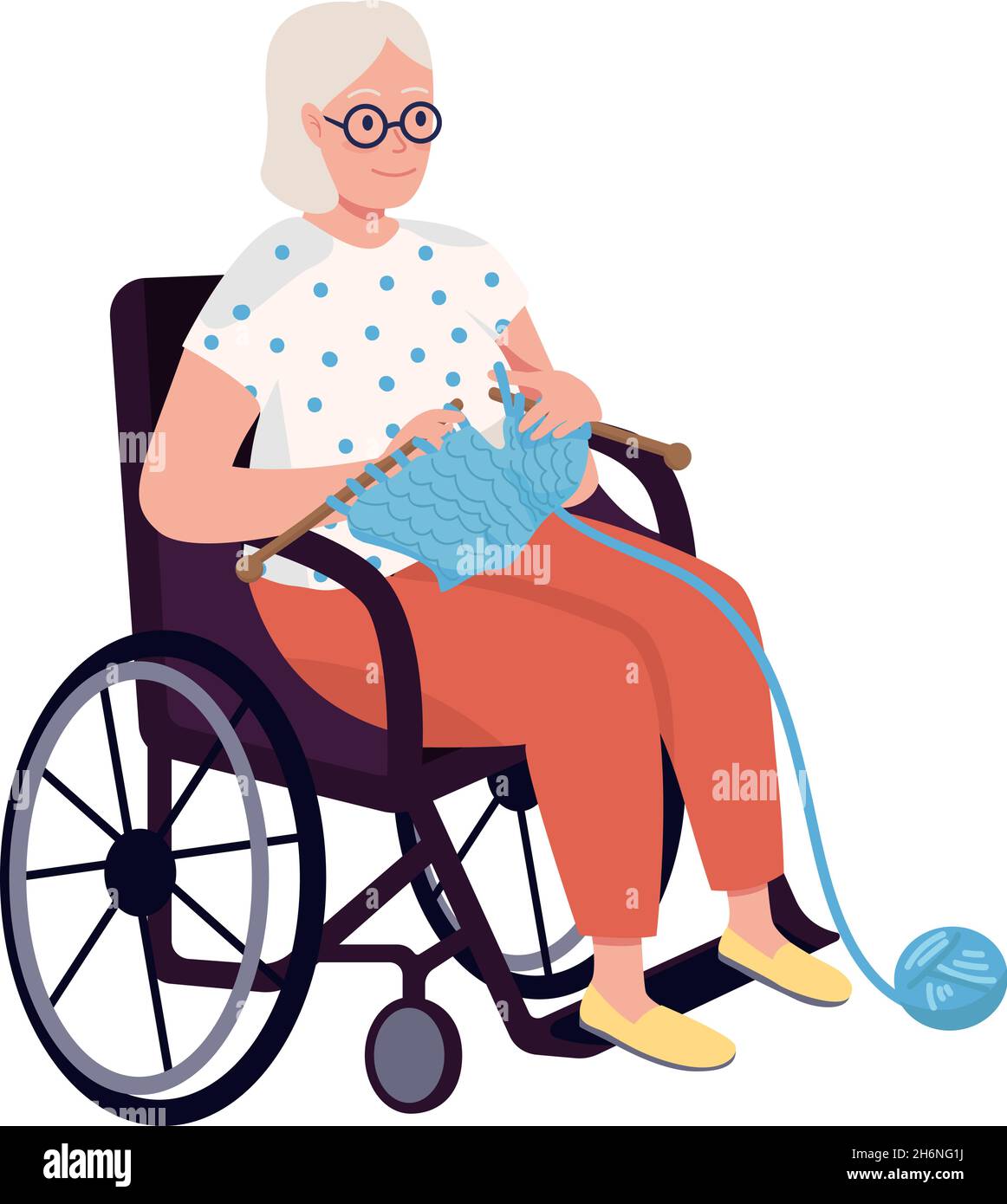 Elderly happy woman knitting semi flat color vector character Stock Vector
