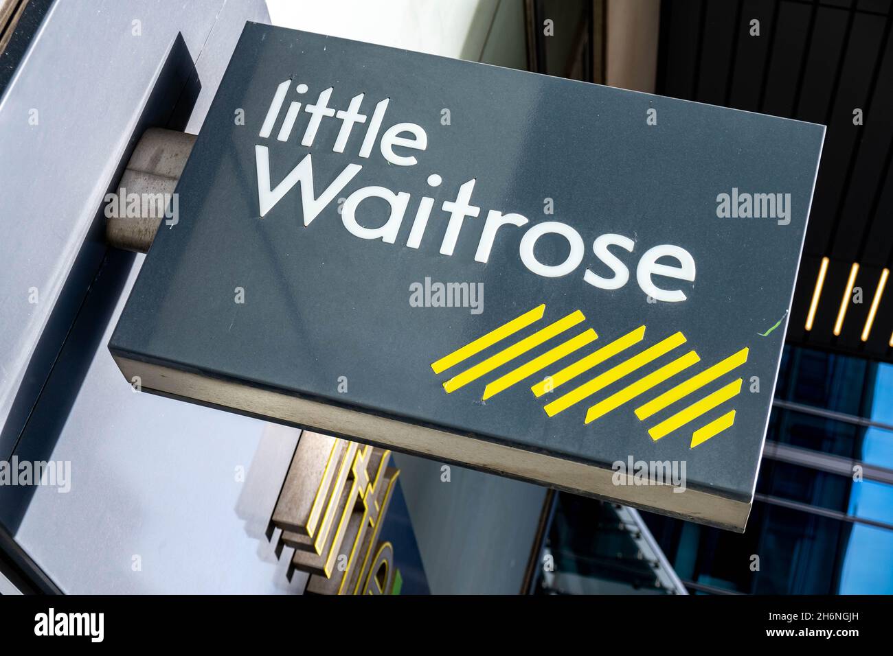 Victoria Westminster London England UK, November 7 2021, Little Waitrose Supermarket Sign Outside Shop In Victoria Street London Looking Up With No Pe Stock Photo