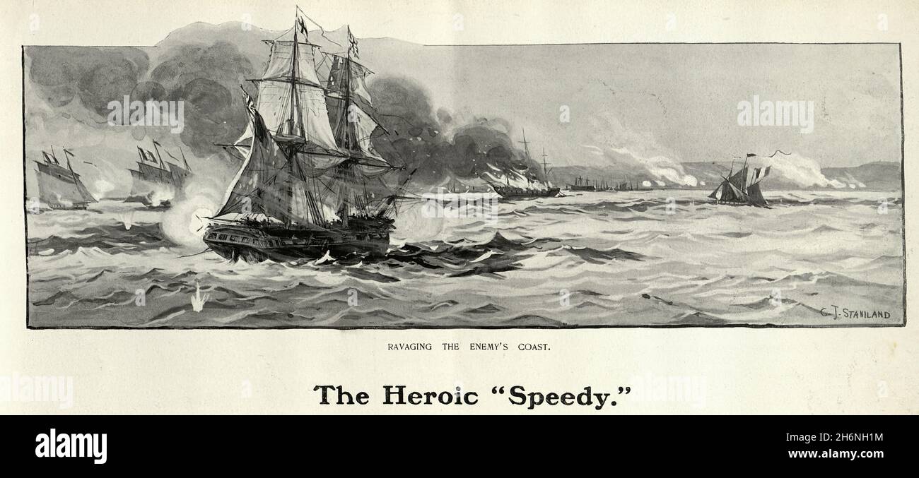 HMS Speedy ravaging the enemy's coast Stock Photo