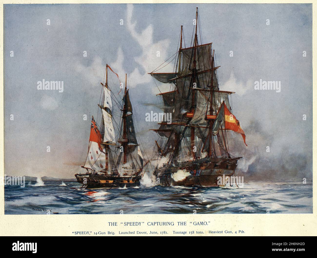 HMS Speedy capturing the Gamo. Speedy was cruising off Barcelona at dawn on 6 May 1801 when she sighted a large enemy frigate. The frigate, a xebec-ri Stock Photo