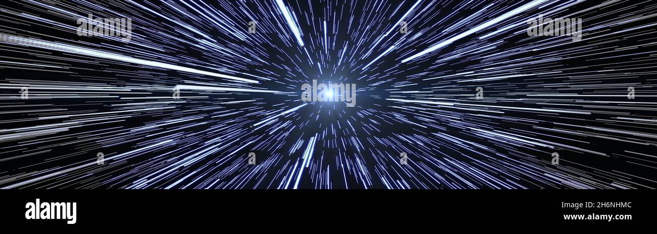 Stars Travel Hyperspace Wide size Banner Image. Hyperspace stars travel illustration with wblue and white colors , wide size 8500x2450 resolution. Stock Photo
