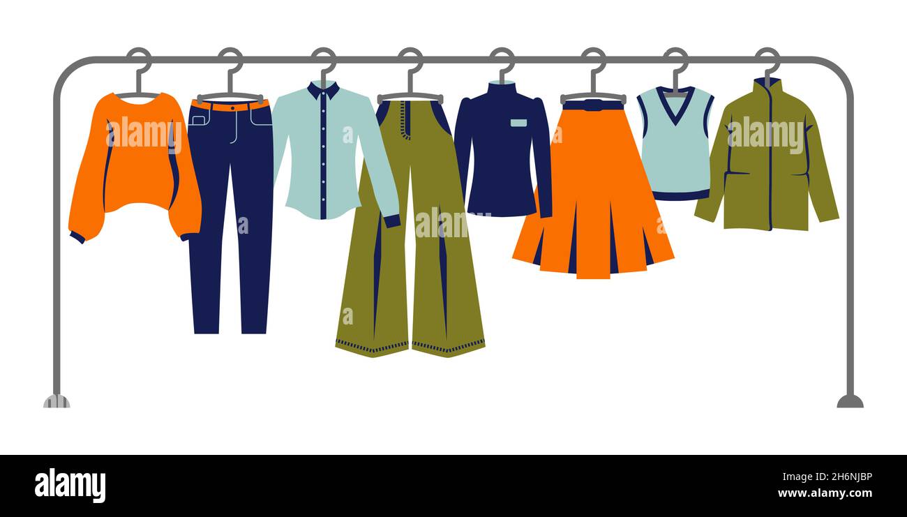 Flat vector illustration, set of women's clothes on a hanger. Clothing  store, autumn and winter wardrobe. Shopping, store concept. Seasonal sale  of clothes. Clothes collection icons set 5005331 Vector Art at Vecteezy