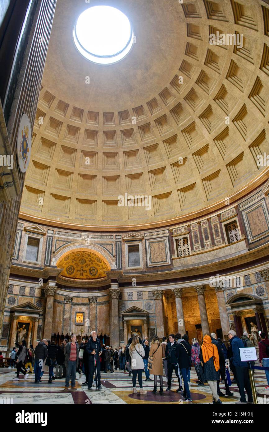 Interior of ancient Roman temple Pantheon with dome, coffered ceiling, Oculus, Rome, Latium, Italy Stock Photo