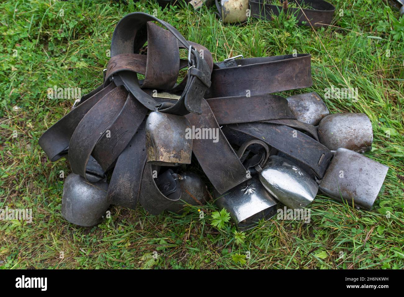 Cowbells ready for the Almabtrieb, cattle seperation, gabled house, Bad